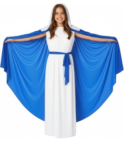 Costume Vierge Marie Femme - Robe Beige, Cape Bleue, Coiffe - Pour Procession église, Scène Nativité Noël