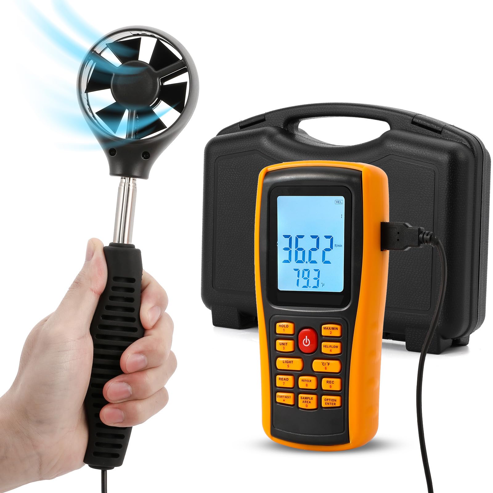 Bonvoisin Windmesser Anemometer Handheld CFM/CMM Luftstrom-Geschwindigkeitsmesser mit hintergrundbeleuchtetem LCD-Display für die HVAC in-Luftkanal-Luftstrom-Luftgeschwindigkeitstemperatur