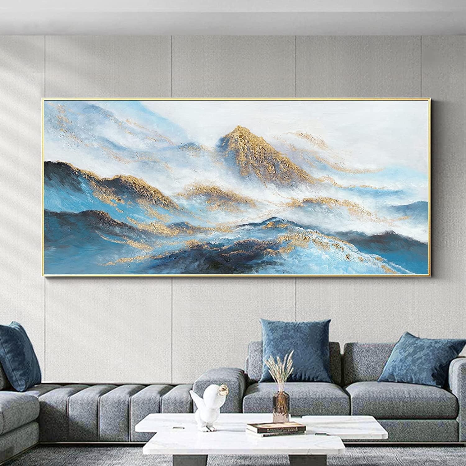 Paintings - Large Mountain Wall Art for Living Room- Framed Blue and Gold Landscape Canvas Painting For Bedroom- Wall Decor For Office Home Decorations Ready to Hang 24x48inches