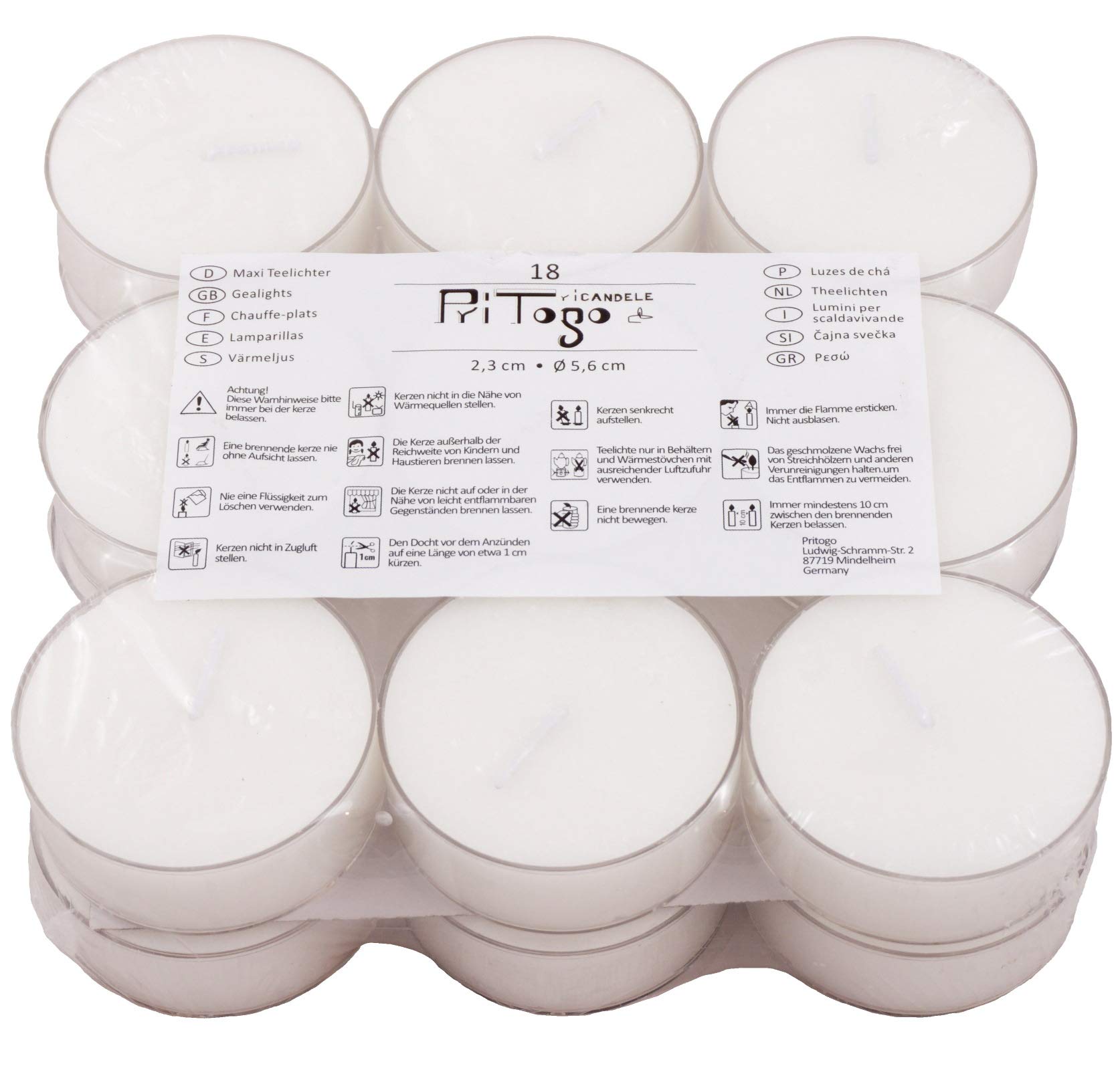 Pritogo Tea Lights Maxi XXL Plastic Case [Pack of 18] Diameter 5.8 x 2.2 cm, Soot Free, Unscented, Catering Quality.