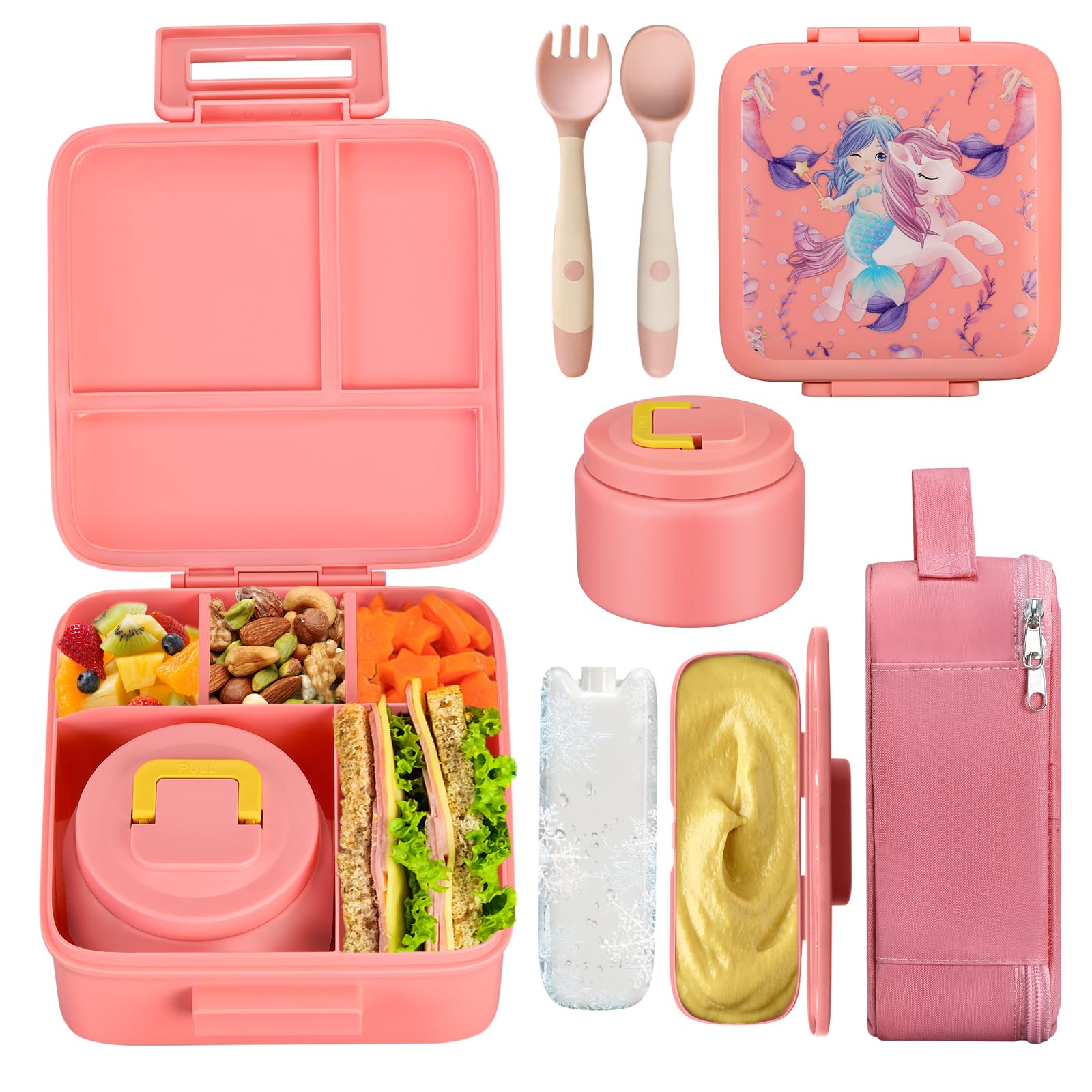 Photo 1 of JXXM Bento Lunch Box for Kids With 8oz Soup Thermo,Leak-proof Lunch Containers with 5 Compartment,Thermo Food Jar and Lunch Bag, Food Containers for School (A-Pink?Unicorn - Mermaid?)