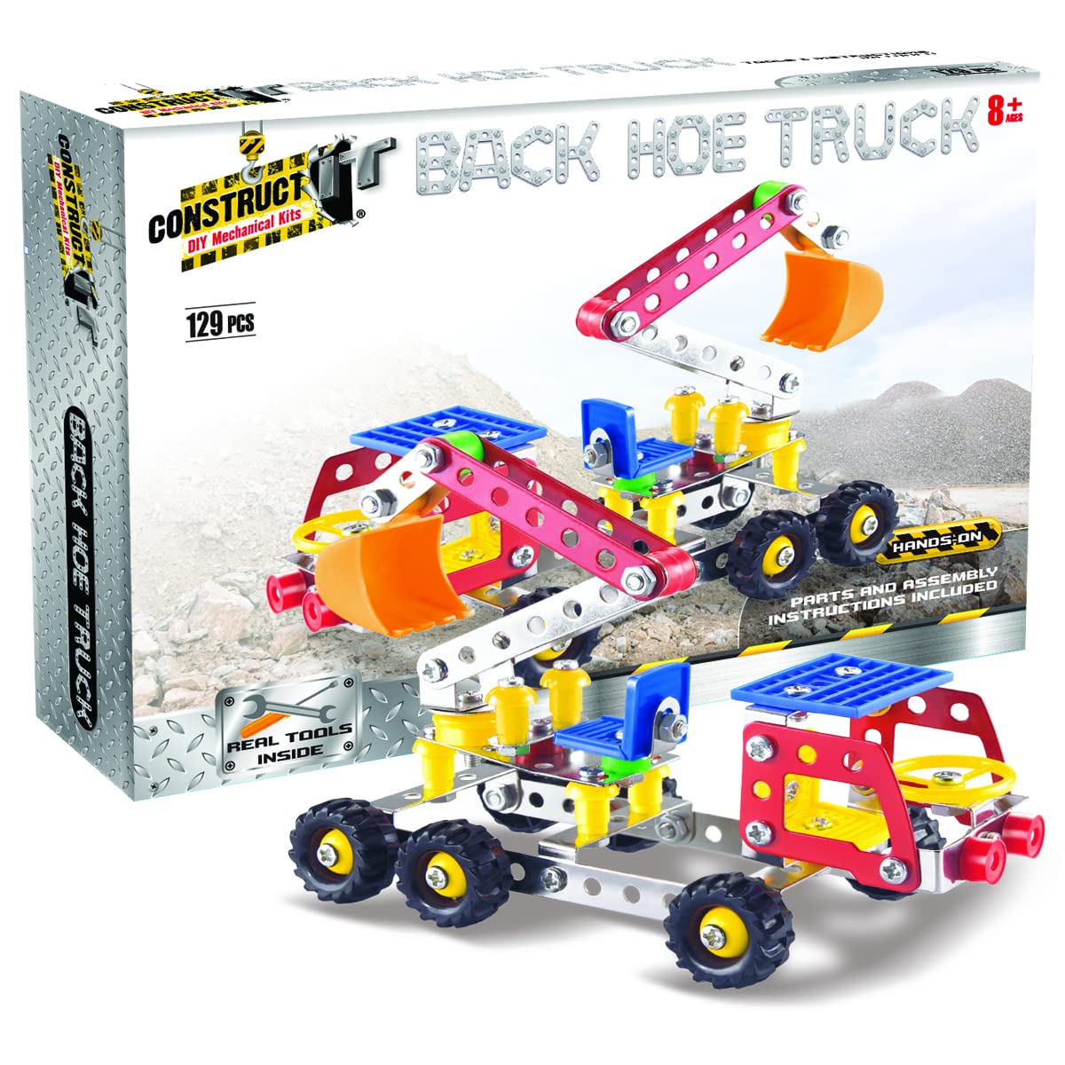 Construct It Hoe Truck - 129 Piece Hoe Truck Construction Kit - STEM Toys For 8+ Year Olds - Build Your Own Metal Hoe Truck - STEM for Kids Ages 8-12