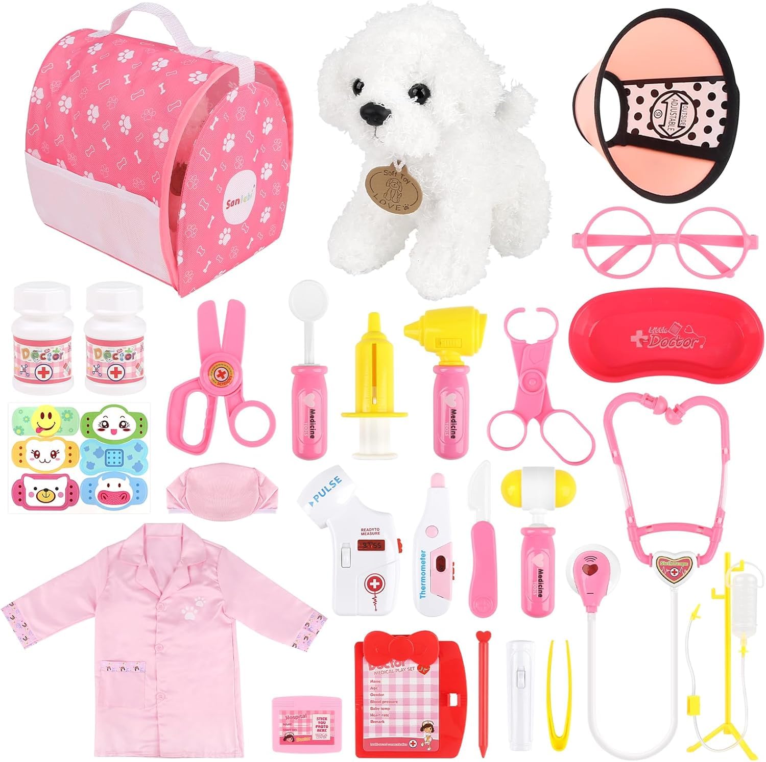 Sanlebi Doctors Set for Kids - Children Pet Vet Care Play Set with Doctor Costume, Plush Dog, Pretend Role Play Medical Kit Toys Gifts for 3 4 5 6 Year Old Girls(Pink)
