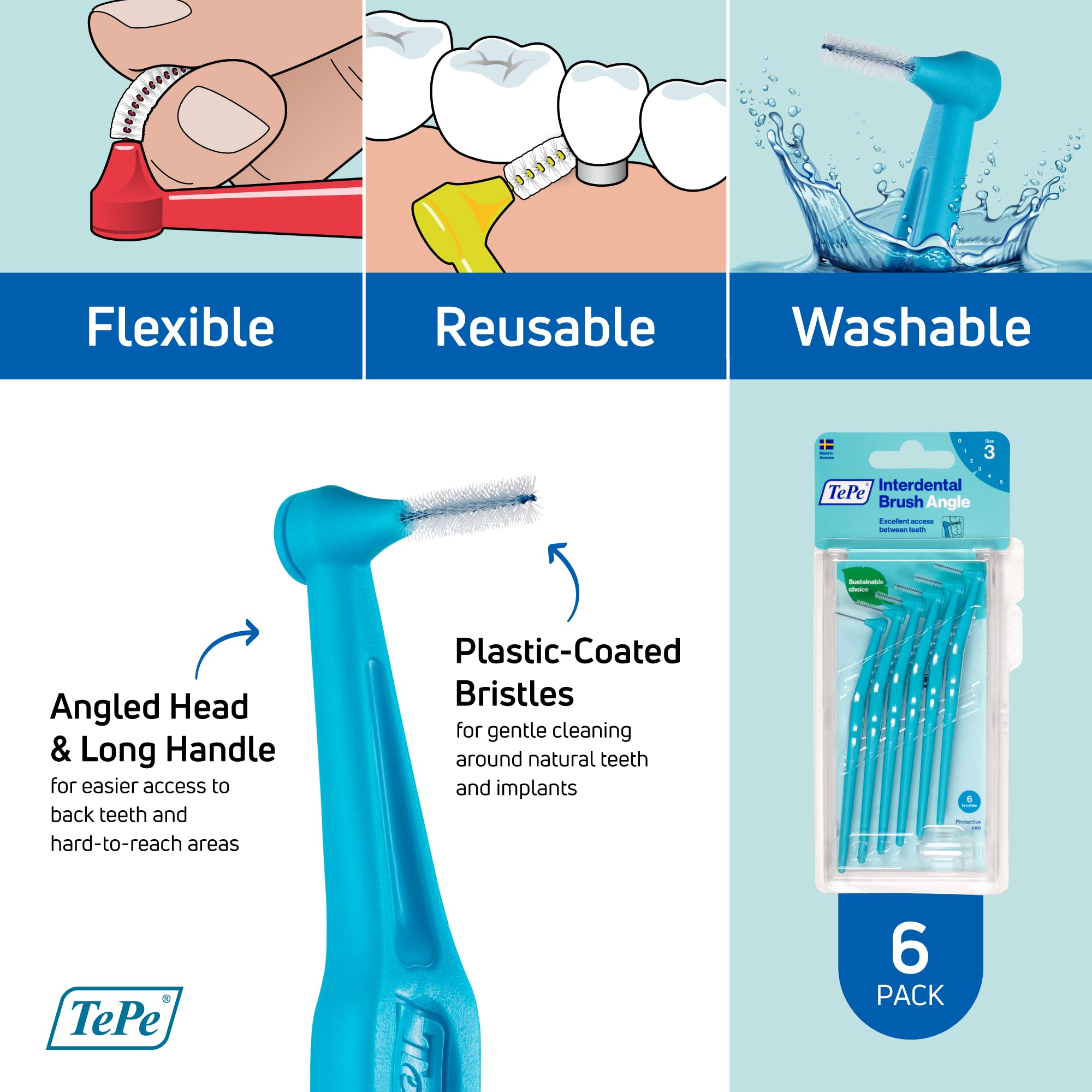 Mua TePe Interdental Brush Angle, Angled Dental Brush for Teeth Cleaning, Pack of 6, 0.6 mm, Medium Gaps, Blue, Size 3 trên Amazon Mỹ chính hãng 2025 | Fado