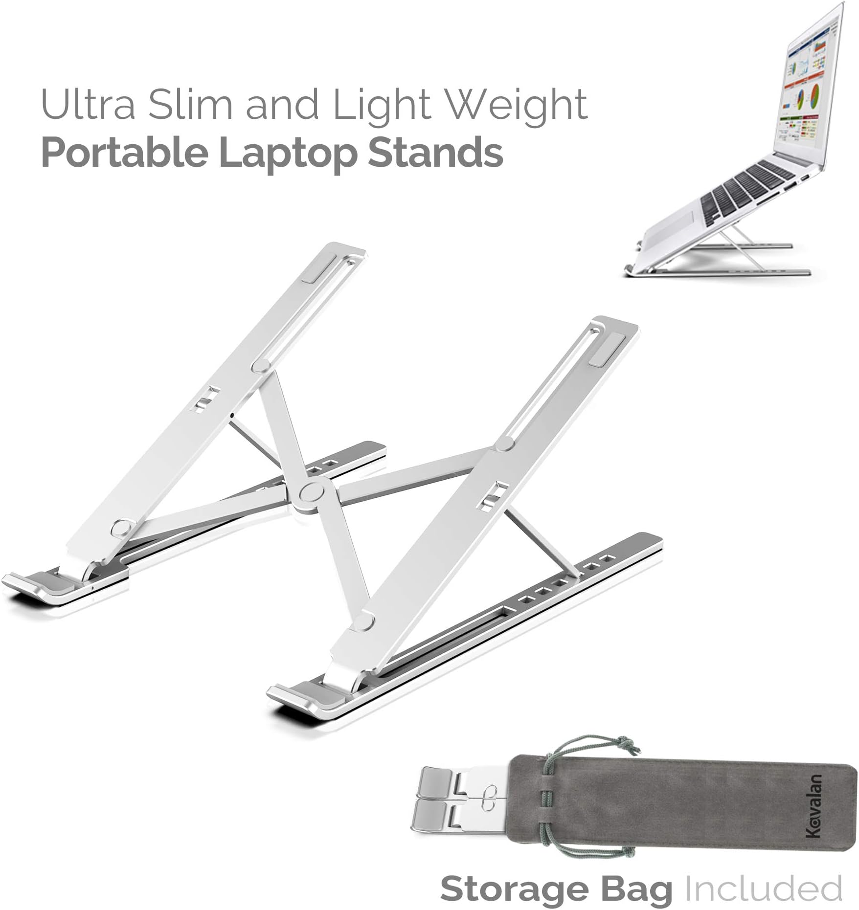 Kavalan Portable Laptop Stand, Slim Desktop Notebook Holder Riser, Aluminum Adjustable Eye-Level Ergonomic Height Compatible for MacBook Pro Air, Chromebook and More - Storage Bag Included (Silver)