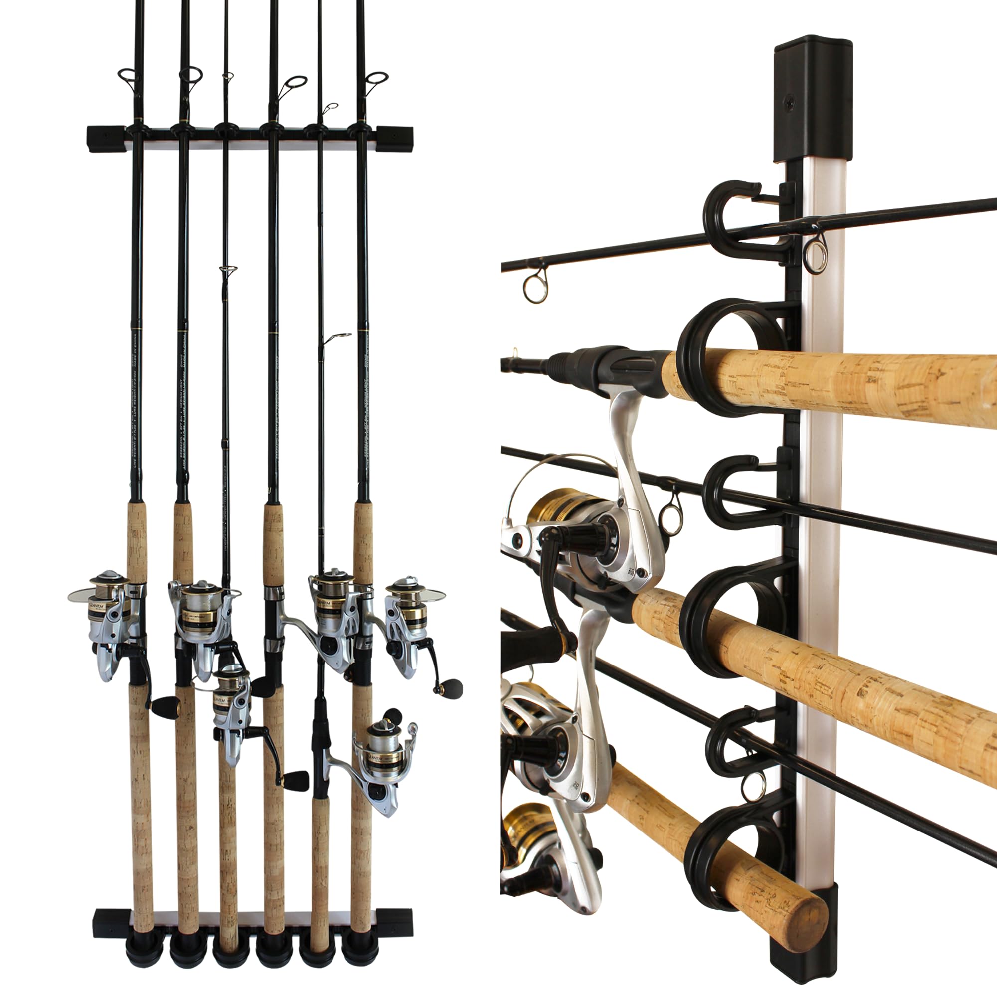 Rush Creek Creations Fishing Rod Holder for 6 Rods, Fishing Pole Holder for Garage Organization & Wall Storage, for Fishing Reels, Fishing Gear, & Fishing Accessories (Vertical/Horizontal Rack) 1 Pack