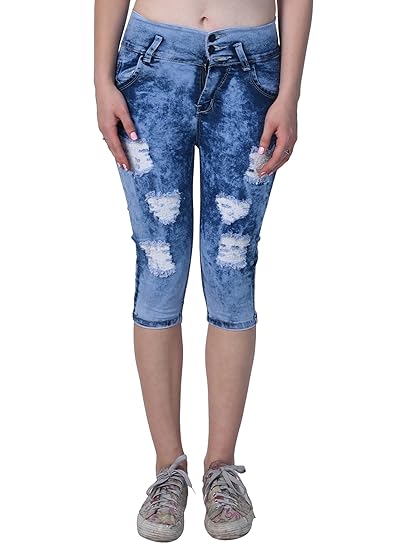 Women's Slim Fit Blue Color Ripped Capri