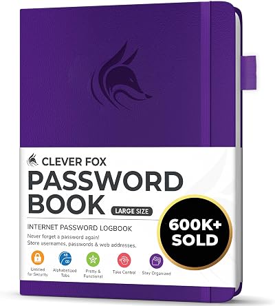 Clever Fox Password Book with Alphabetical Tabs Purple Large 60-DAY Guarantee
