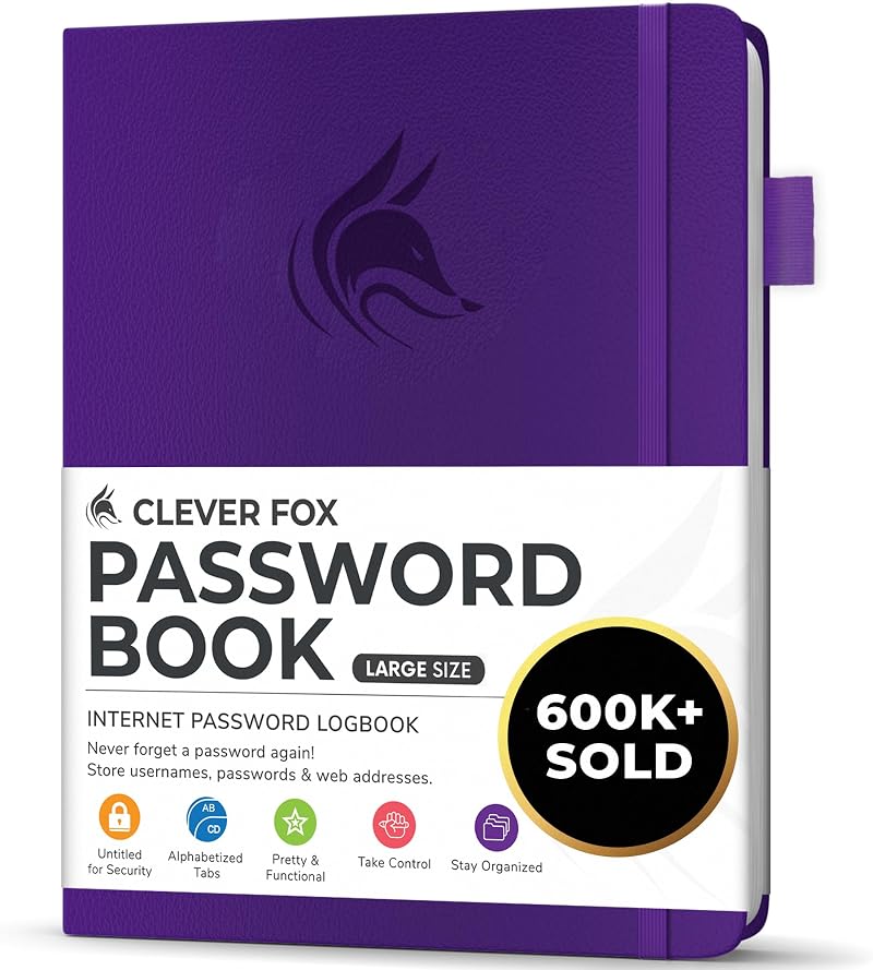 Clever Fox Password Book with Alphabetical Tabs Purple Large 60-DAY Guarantee