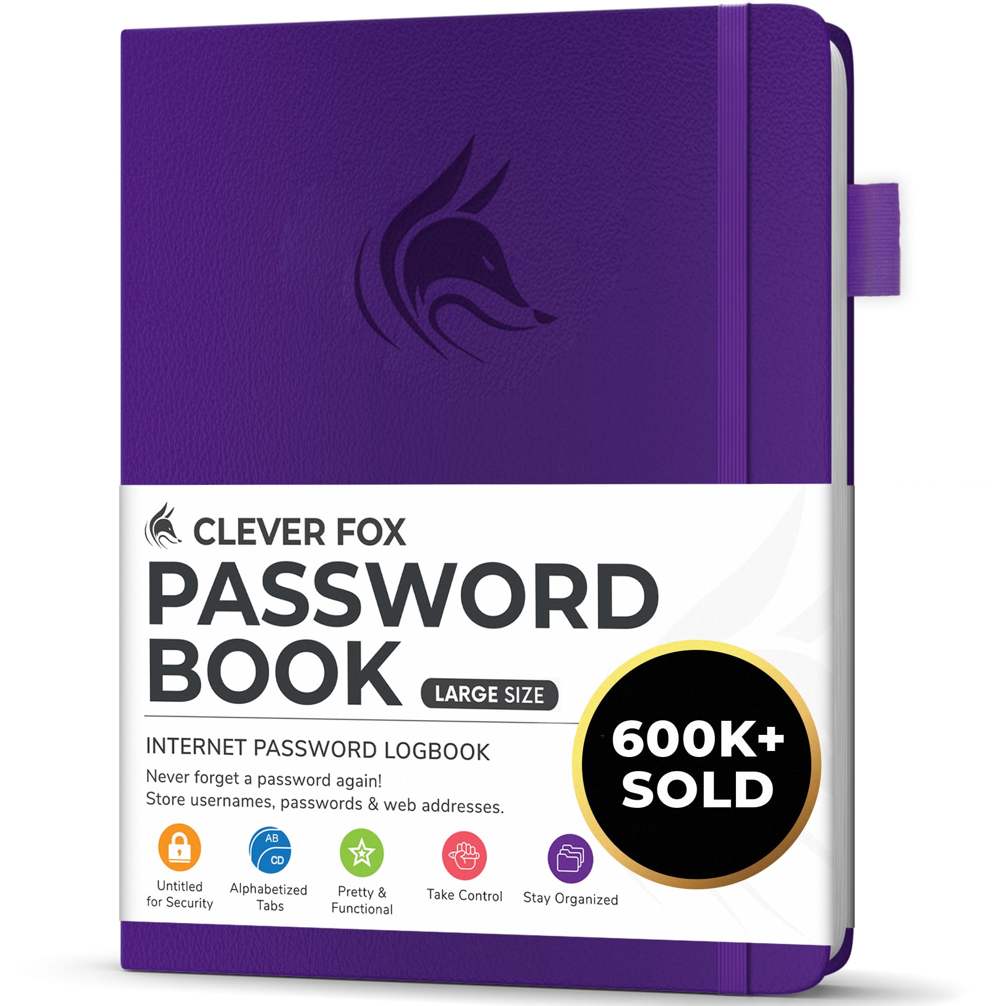 Clever Fox Password Book with alphabetical tabs. Internet Address Organizer Logbook. Large Password Keeper for Website Logins (Purple)