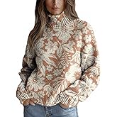 Womans Cozy Knit High Neck Turtleneck Sweater – Vintage Floral Graphic Long Sleeve Casual Pullover Top