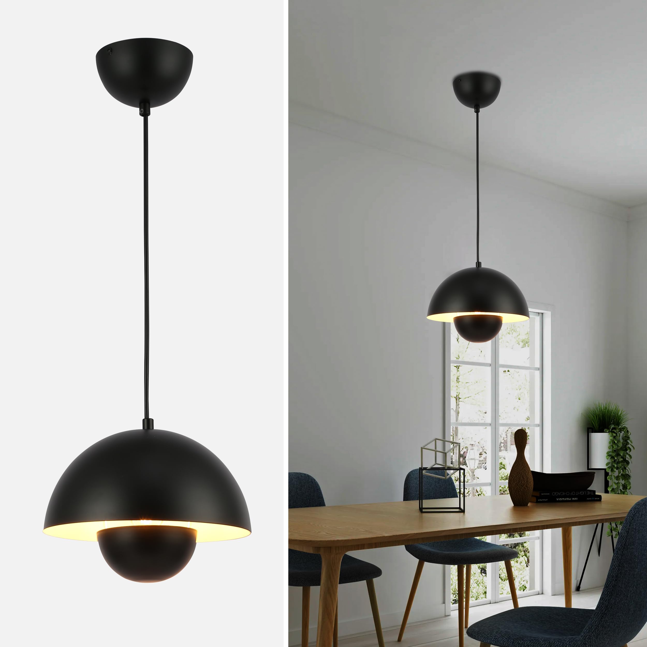 SUNLLOK Modern Flowerpot Pendant Light, Round Metal Pattern Mini Downward Dome Shade Ceiling Hanging Lamp, Industrial Chandelier for Kitchen Island, Dining Room, Living Room (Black)