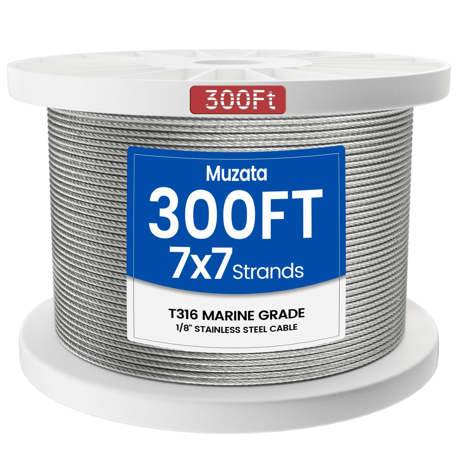 Muzata 300ft 1/8'' Stainless Steel Cable, T316 Stainless Aircraft Steel Wire Rope Cable for Railing,Decking, DIY Balustrade, 7x7,Series WR02