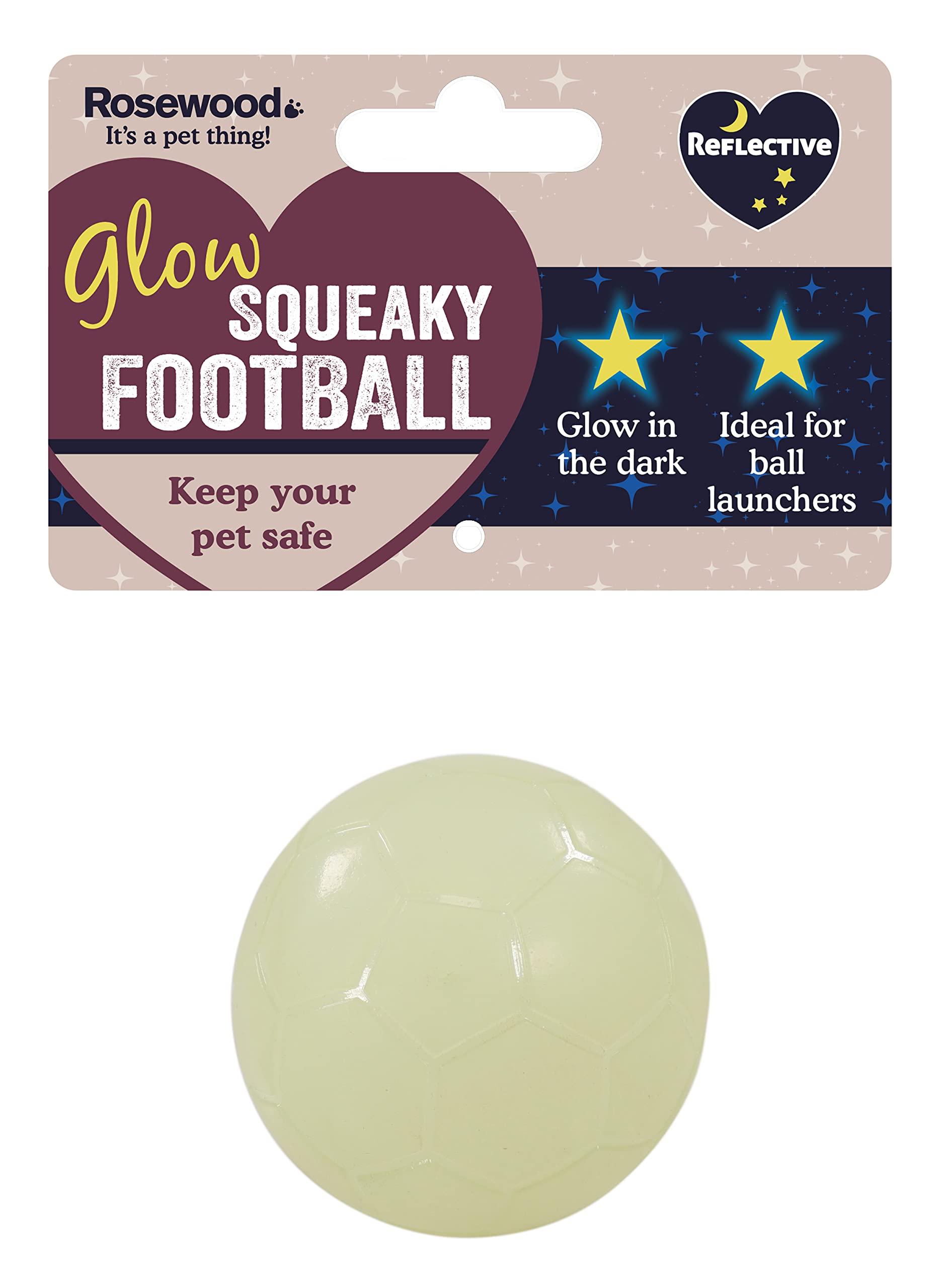 Rosewood Glow In The Dark Dog Football - Reflective Dog Toy with Interactive Squeaker, Fits Most Standard Ball Launchers, Great for Night-Time Fetch and Play
