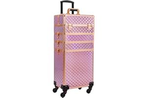 AROUS Rolling Makeup Train Case Large Storage Cosmetic Trolley 4 in 1 Large Capacity Trolley Makeup Travel Case with Key Swivel Wheels Salon Barber Case Traveling Cart Trunk, Pink