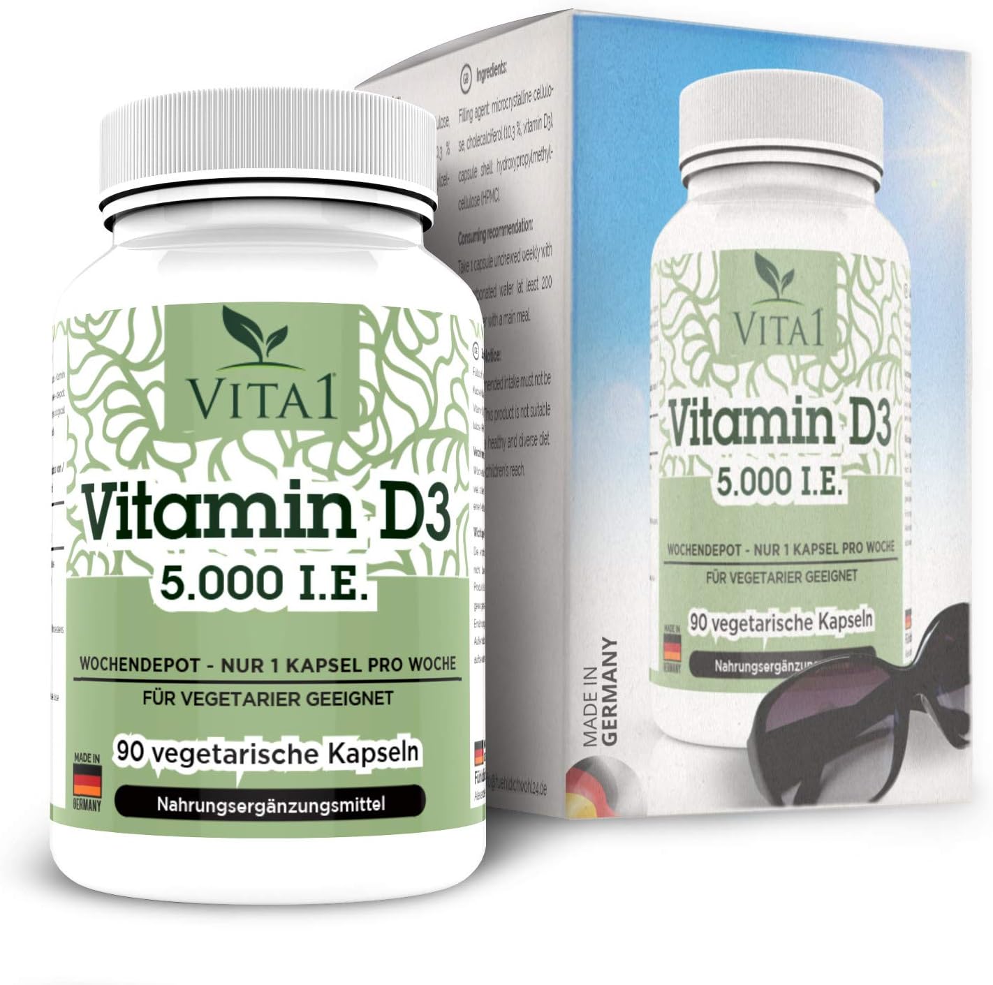 VITA1 Vitamin D3 5000 I.U. • 90 Capsules (2-Years-Supply) • Week Depot - only 1 Capsule per Week • Made in Germany