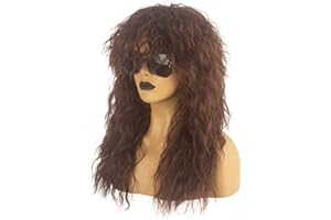 Askuang 80s Rock Mullet Wigs for Men and Women Long Brown Curly Wig 70s 80s Costumes for Men Women Halloween Cosplay Party Wigs