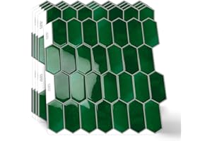MOONFUN Long Hexagon Peel and Stick Tiles Backsplash,10 Sheets 3D Self Adhesive Wall Tile Back Splash 12 x 12 Inch for Kitchen,Bathroom(Emerald Green)