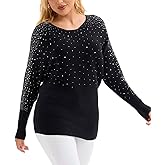 Froggirl Women’s Batwing Sleeve Rhinestone Pullover Sweater Ribbed Knit Tunic Top, Loose Fit – Elegant Sparkle Sweater