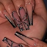 Press on Nails Long Coffin Black Glossy Full Cover Acrylic Extra Long Square Rhinestone False Nails with Butterfly Designs Artificial Ballerina Fake Nails with Glue Stick on Fingernails for Women