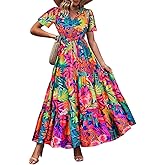 TIYOMI Plus Size Dresses for Curvy Women Short Sleeve V Neck Casual Maxi Colorful Dresses Wedding Guest Dress 5XL 26W 28W