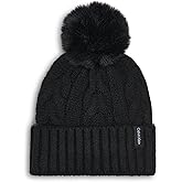 Calvin Klein Womens Cable Knit Beanie with Faux Fur Pom