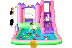 WELLFUNTIME Inflatable Bounce House with Blower, 7 in 1 Jumping Castle with Slide, Ball Pit, Basketball Hoop, Ringtoss, Bouncer for Young Kids Aged 3-6, 116x 78x64 Inch