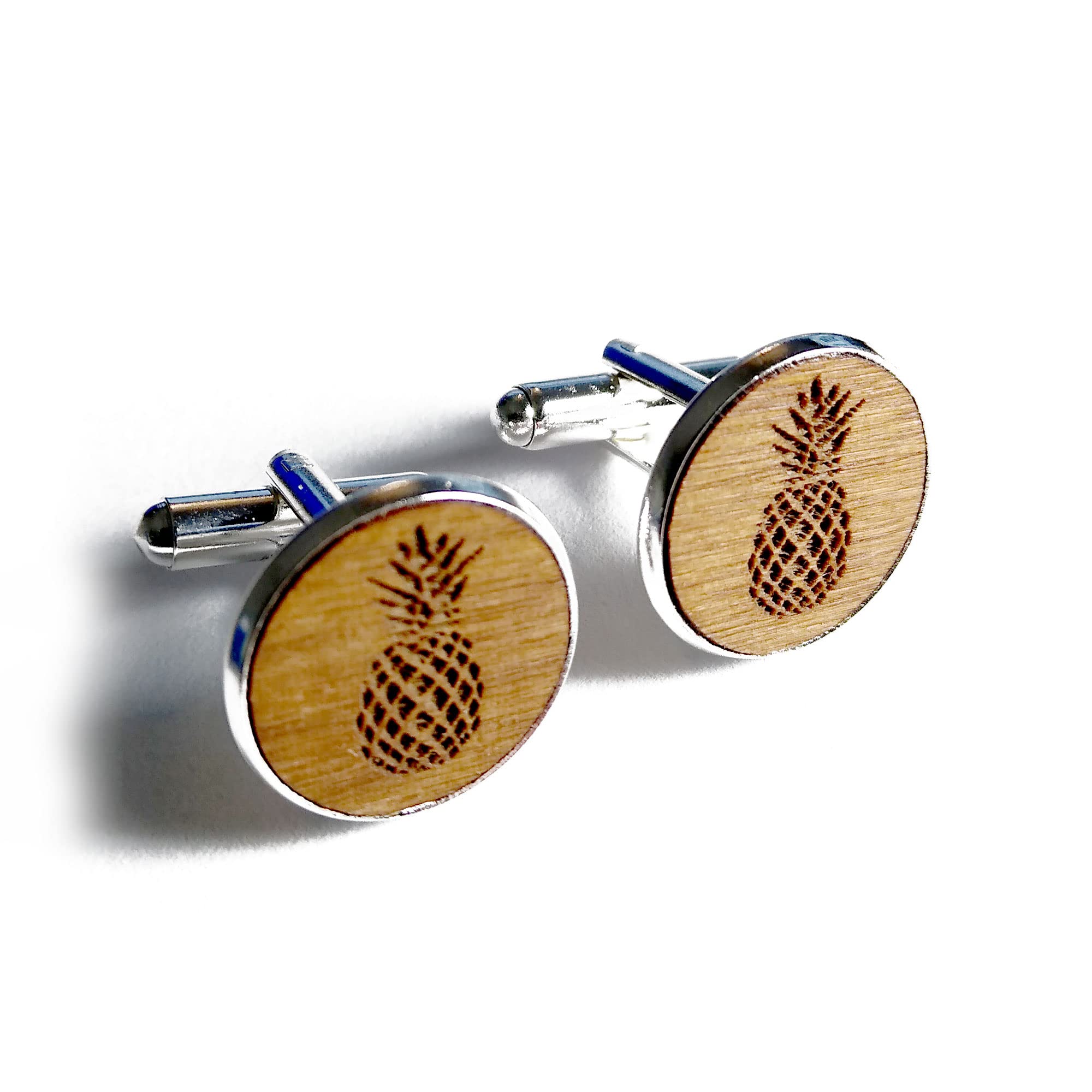 Pineapple Cufflinks, Handmade Engraved Wooden Birthday Gift, 5th Wedding Anniversary Present, With Gift Box
