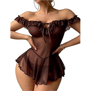 Lingerie for Women Sheer Mesh Babydoll Ruffle Chemise Off Shoulder Dress | V Neck, Sexy lingerie, Rave Outfits, 2 Piece, Plus
