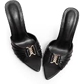 iiimmu 3.5 IN Stiletto Mules Heels with Gold Accents | Reinforced Buckle, Slip-on, Vegan, Pointed Peep Toe