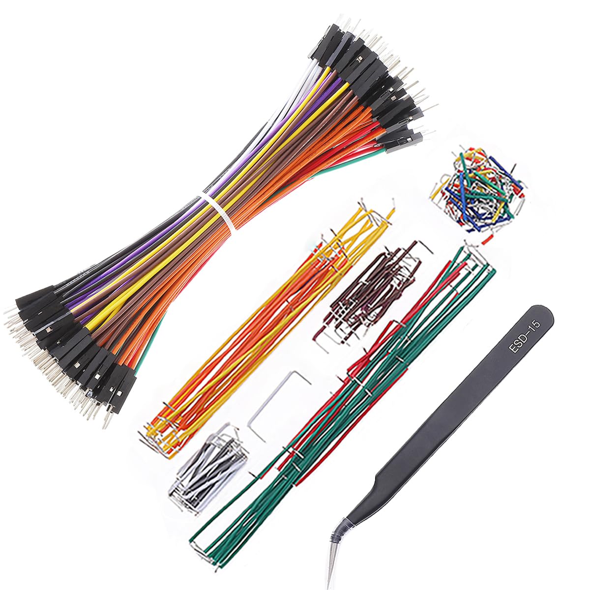 Breadboard Jumper Wires 20AWG Plus 140 Pieces U Shape Preformed and Assorted Jumper Wires Kits Plus ESD Tweezers, Bread Board Male to Male 0.1'' Head Cable Kits (6" / MM)