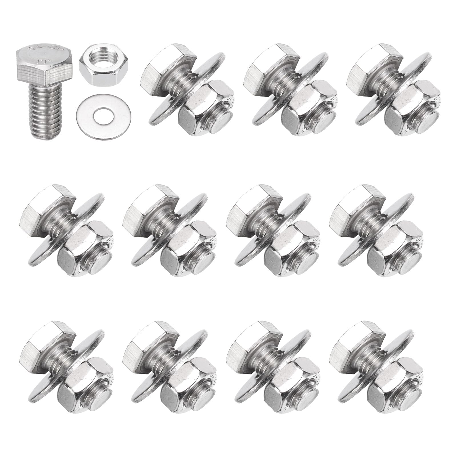 PATIKIL M10 x 20mm Hex Bolts, 12Pcs 304 Stainless Steel Hexagon Head Screws with Hex Nut Flat Washer Full Thread Fasteners Machine Screw Plain Finish for Furniture Engineering, Silver