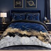 CCoutueChen Navy Blue Gold Marble Comforter Set, Modern Bedding Queen | 100% Washed Microfiber, Soft Cozy Feel, Machine Washable, Black Reverse, for Men and Couples