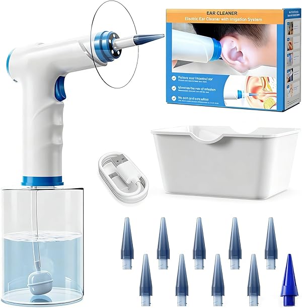 Ohrenschmalz Entferner Ohrenreiniger Sicherheit Ohrenkerzen Ohrreiniger für Erwachsene Ohrenspülung Elektrischer Ear Cleaner Ohrendusche Ohrreinigungsset, Blau Weiß