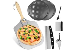 NINEIGH Pizza Peel Pizza Pan Set, 12" x 14" Pizza Spatula for Oven, Aluminum Pizza Paddle with Rocker Cutter Scraper Pie Server Oil Brush, Pizza Oven Accessories Tools, Baking Pizza, Dough, Bread & Pastry