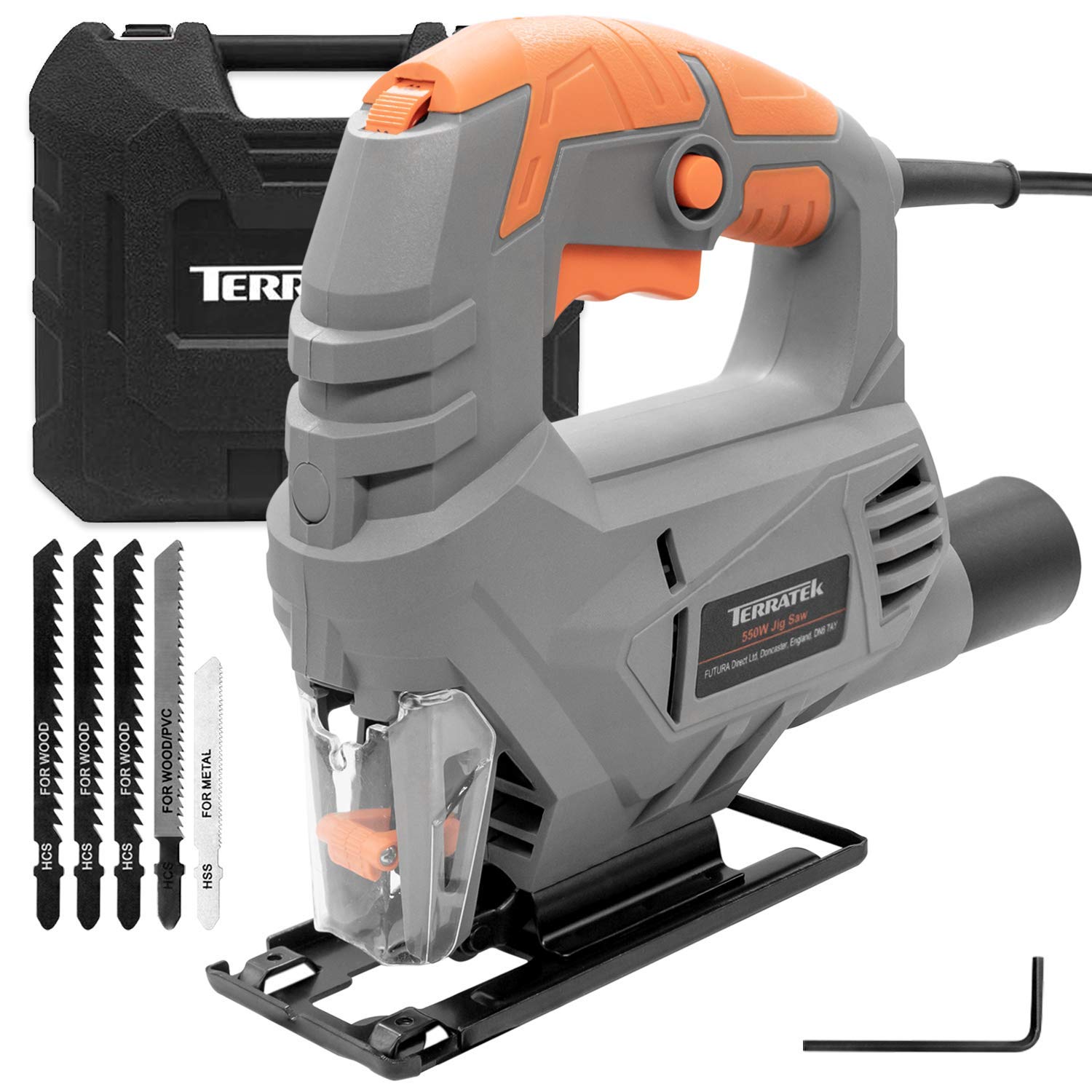 Terratek Electric Jigsaw 550W 3000SPM - 5 Speed Tool for Cutting 65mm Wood, 8mm Metal with Max 45° Angle - Includes 5 Blades, Carrying Case and Vacuum Adaptor