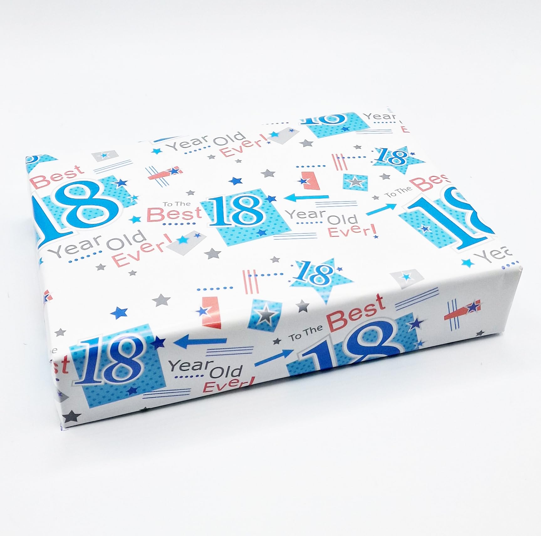 Party Angels 18th Birthday Wrapping Paper, Blue & White, 2 Sheets + 2 Gift Tags, 700mm x 500mm, Male