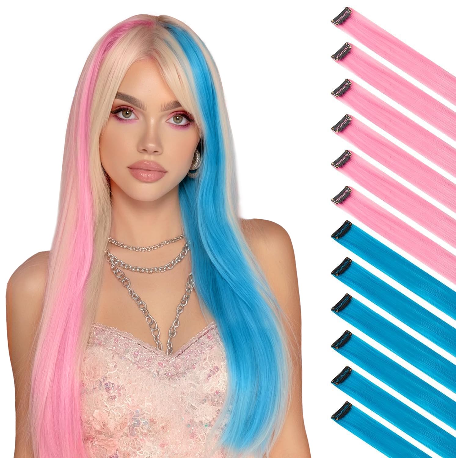 FESHFEN Coloured Clip in Hair Extension, 12 PCS Blue Pink Hairpieces Party Highlight Colourful Straight Hair Extensions Clip in Hair Piece, 22 inch โ image 1