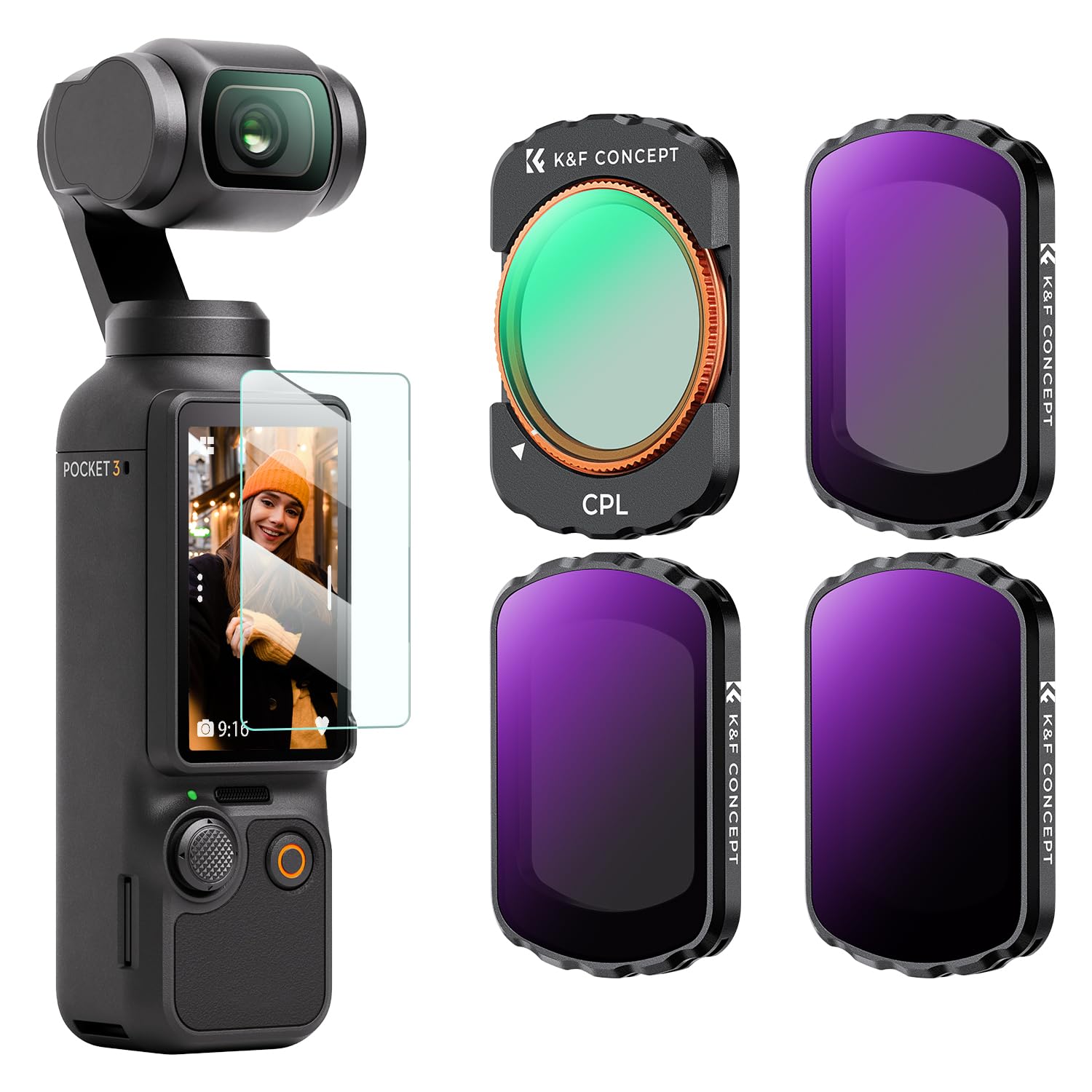 K&F CONCEPT CPL+ ND16 + ND64 + ND256 Compatible with DJI Osmo Pocket 3, 4-pack Magntic Polarizing ND Kit 28-Layer Coating Optical Glass