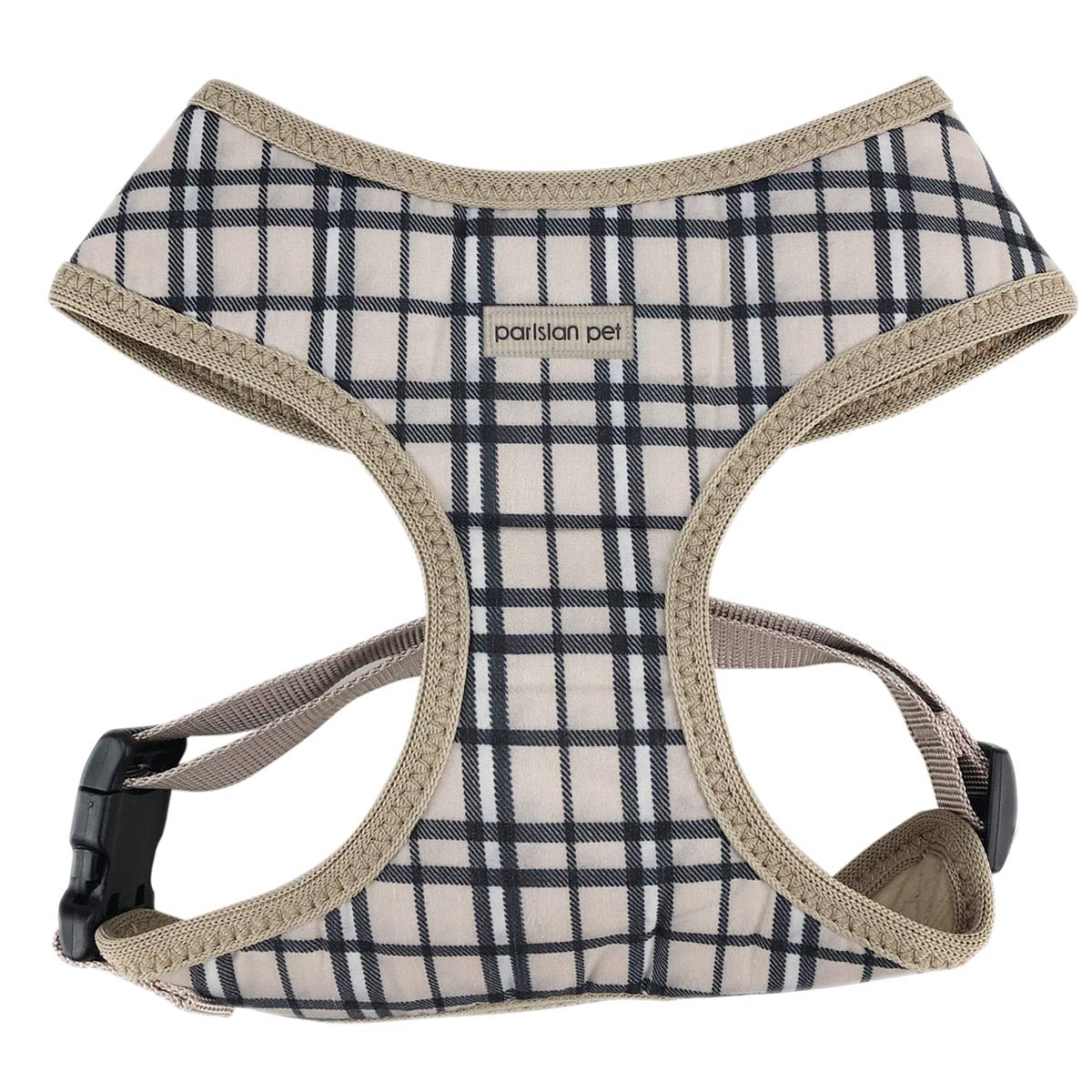 Parisian Pet Dog Cat Harness Step-in Vest, Plaid, Camo, Leopard, Polka Dot Dress (S, Plaid/Khaki)