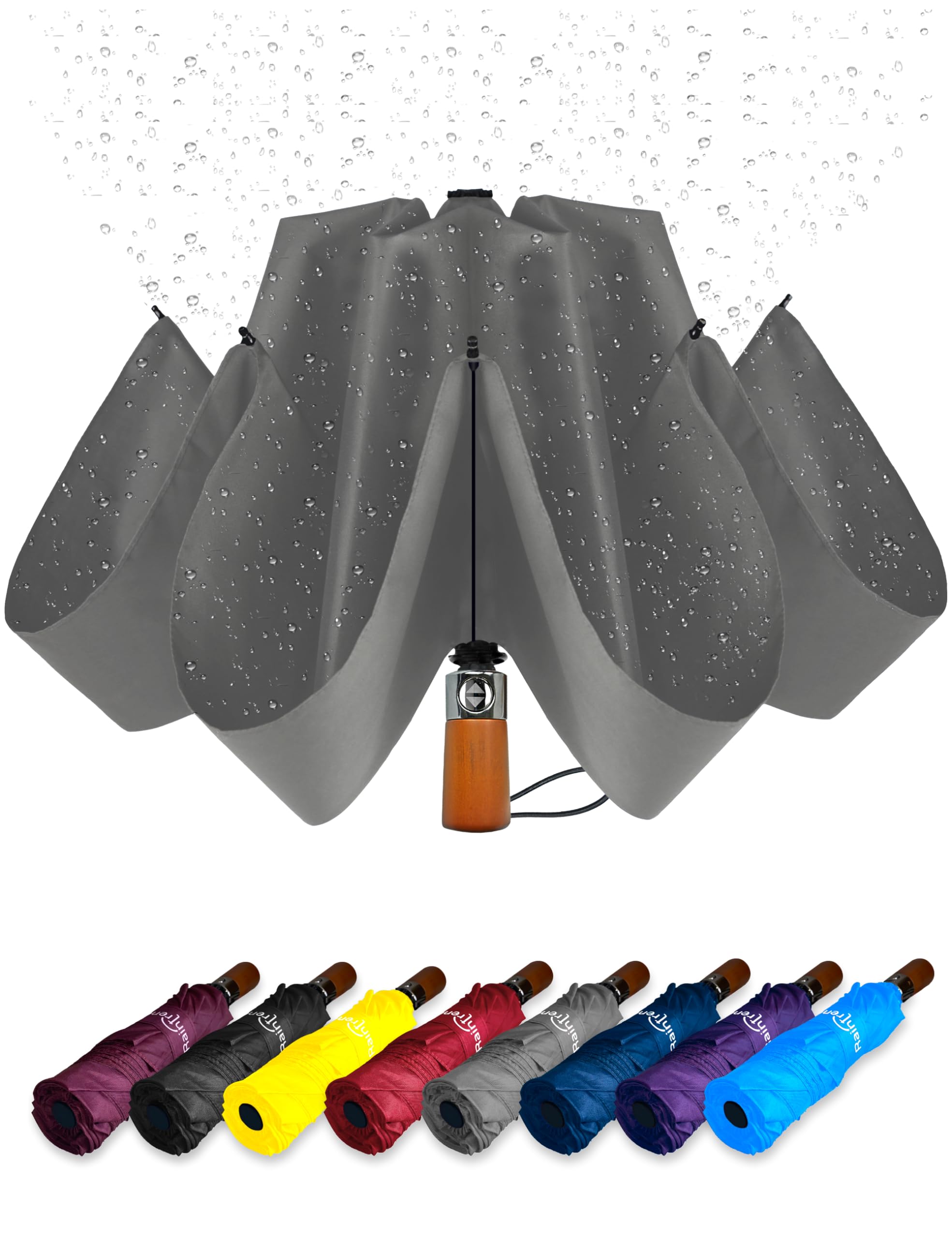 Raintrend Reverse Compact Travel Umbrella for Backpack and Car with Teflon Coating Grey Inverted Umbrella Automatic Open and Close Lightweight Windproof Folding Portable Gray Umbrellas for Women Men