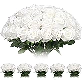 50 Pcs White Roses Artificial Flowers Bulk, White Flower Fake Velvet Silk Rose , Realistic Faux Artificial Roses with Stems Fake White Flower for Wedding, Bouquets ,Ceremony,Bridal Shower,Party