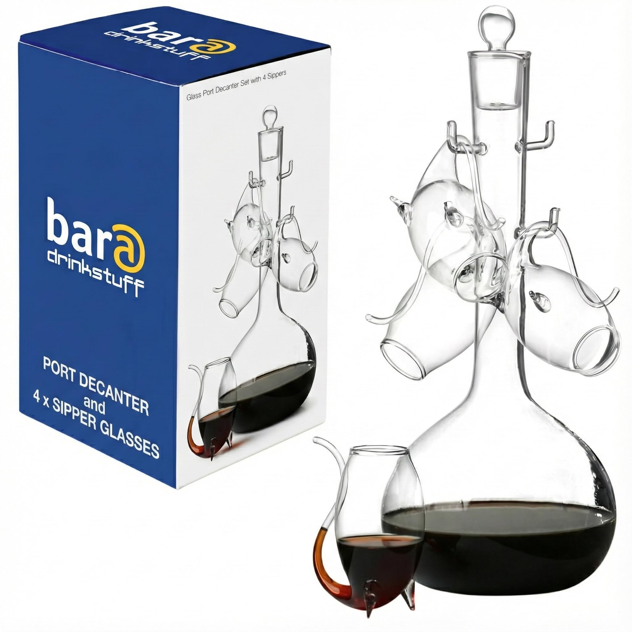 Drinkstuff Port Sipper Set with Decanter & Four Sippers – Handmade Borosilicate Glass Port Gift Set, Classic Pipe Sipping Glasses, 75cl Port Decanter, Gift Boxed for Port, Sherry & Fortified Wine