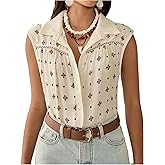 GORGLITTER Women's Boho Tank Tops Floral Western Button Down Sleeveless Blouses Collared Cowgirl Country Concert Outfits