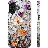 LUHOURI for iPhone 16 Case,Wireless Charging Compatible,Dual-Layer - Soft Silicone Inner + Hard Outer Shell,Cute Wildflower Design,Protective Phone Cover for Women - Marble Pressed Flowers