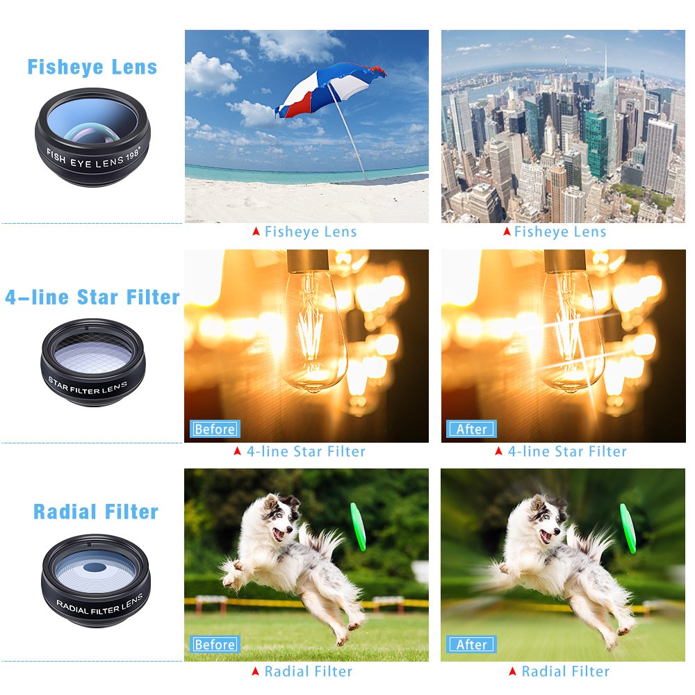 Phone Lens Kit, JoyGeek Universal 10-in-1 Camera Lens Kit 198° Fisheye, Wide & Macro Detachable Lens, 2x Telephoto, Kaleidoscope 3/6, Flow/4-Line Star/Radial Filter/CPL Clip-on Lens for Most of Smart Phones and Tablets