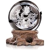 HDCRYSTALGIFTS 3D Inner Carved Dragon Crystal Ball Paperweight 60mm Glass Ball Ornament Lucky Sphere for Birthday Gift with Wooden Base