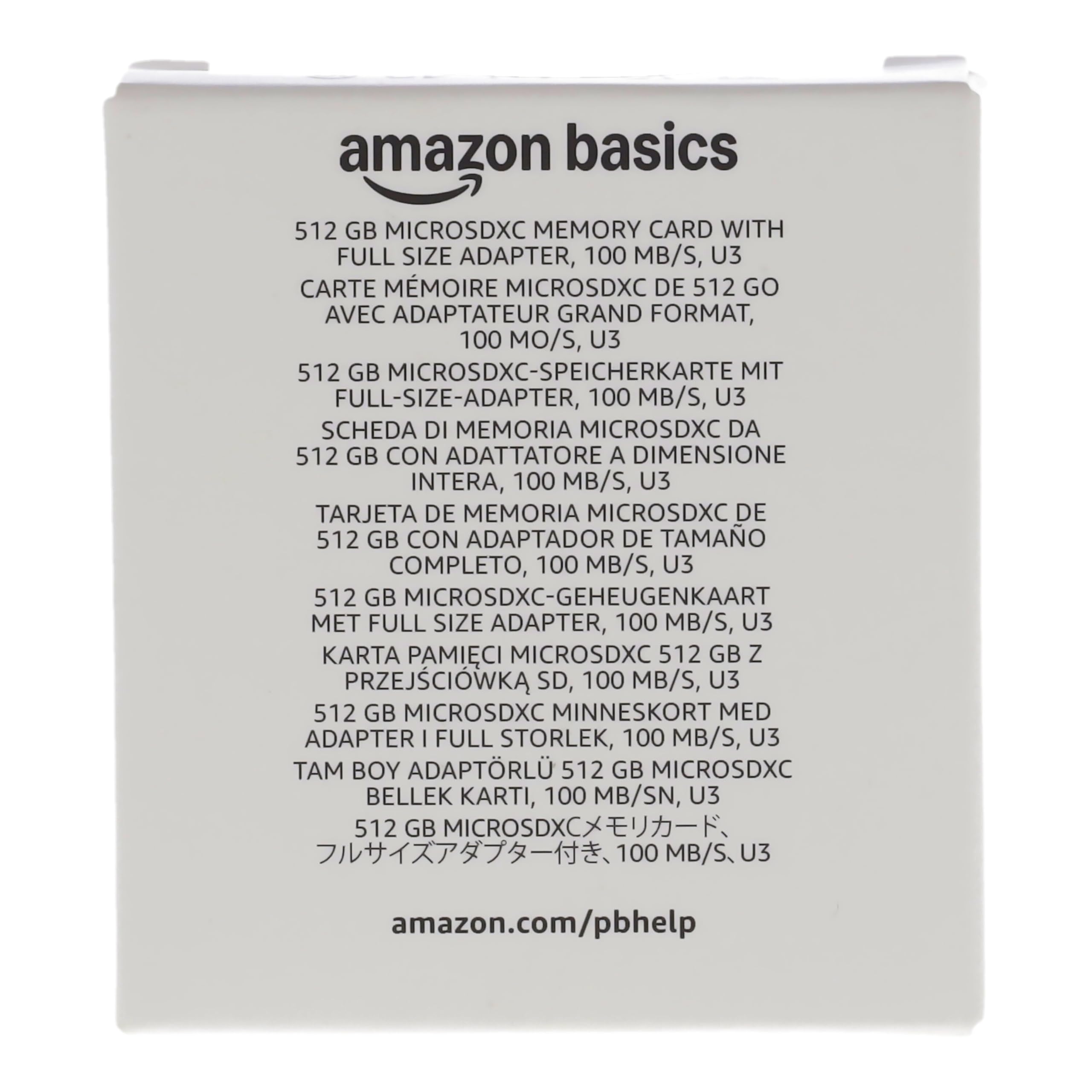 Amazon Basics Micro SDXC Memory Card with Full Size Adapter, A2, U3, Read Speed up to 100 MB/s, 512 GB, Black