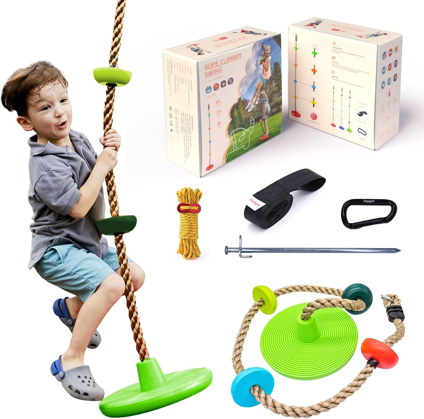 Kids Climbing Rope with Platforms and Disc Tree Swing Seat, Children Playground Swingset Swings Accessories for Outdoor Backyard, Saucer Swing Playset Toys-Green: Kitchen & Dining