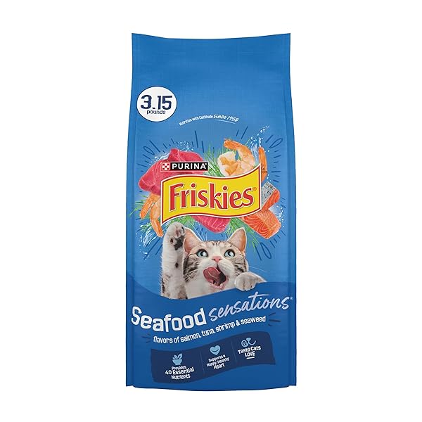 PURINA FRISKIES DRY CAT FOOD SEAFOOD SENSATIONS WITH SALMON, TUNA, AND SHRIMP FLAVORS – (PACK OF 4) 3.15 LB. BAGS